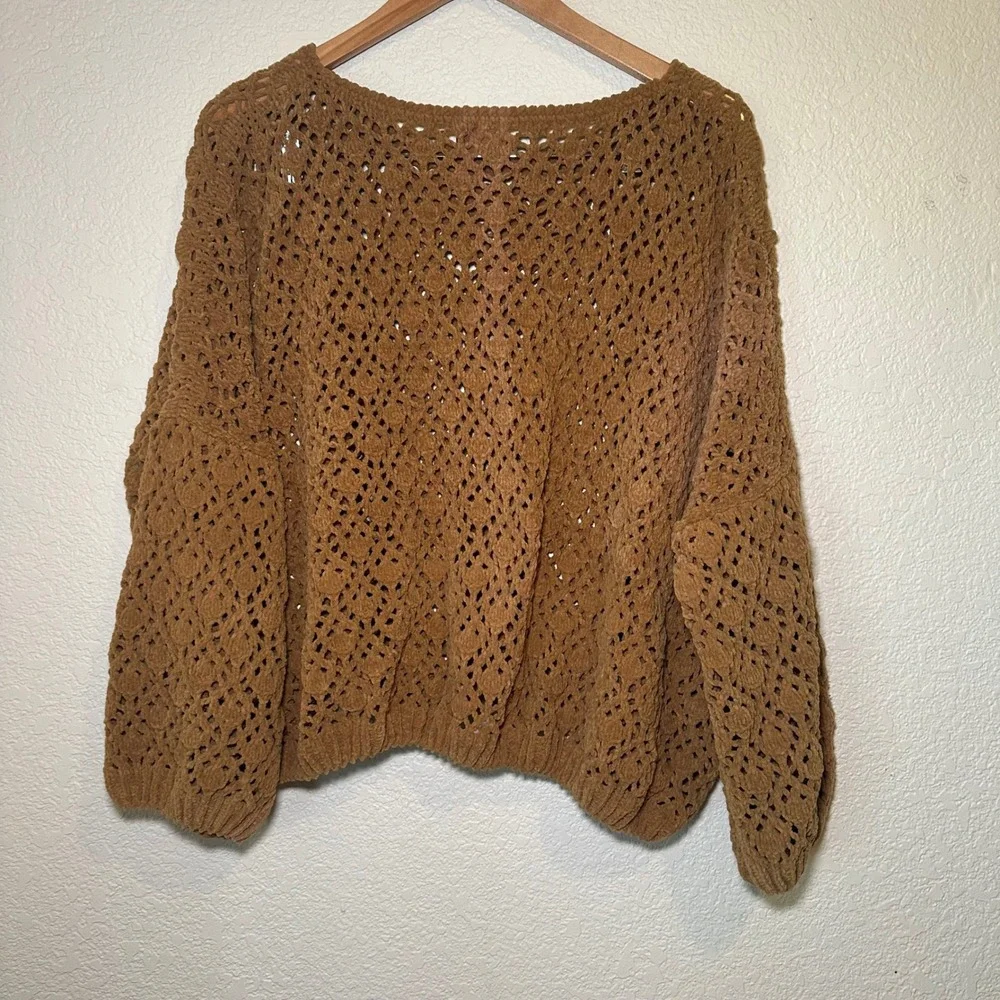 POL Womens Large Open Knit Sweater‎ Crochet Brown Boho Festival Chunky Oversized
